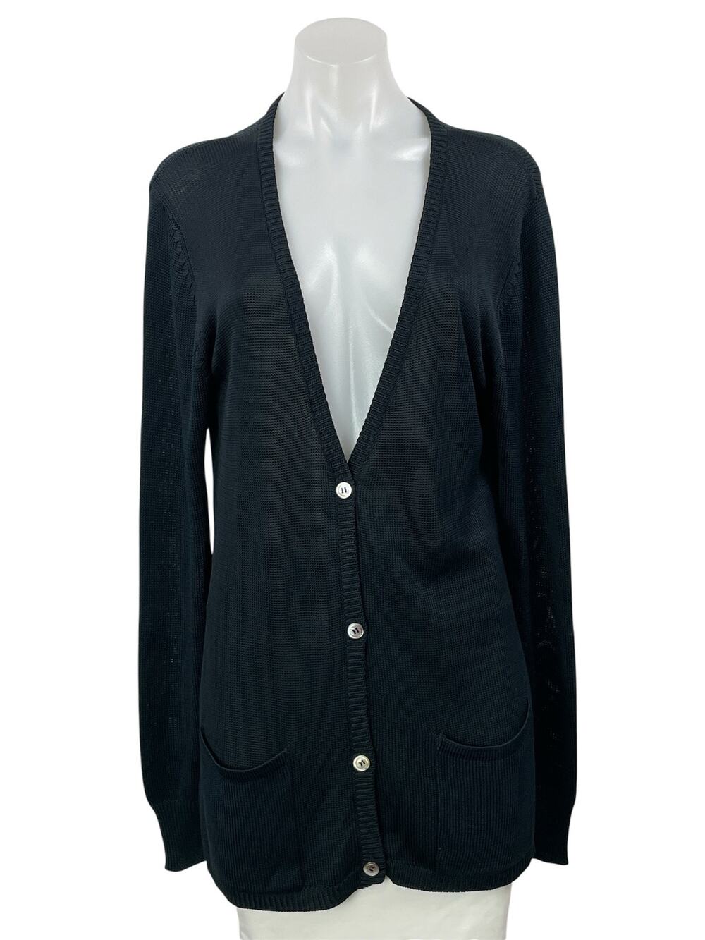 Lord & Taylor 100% Silk Black Long Sleeves Button Front Cardigan Sweater Top L